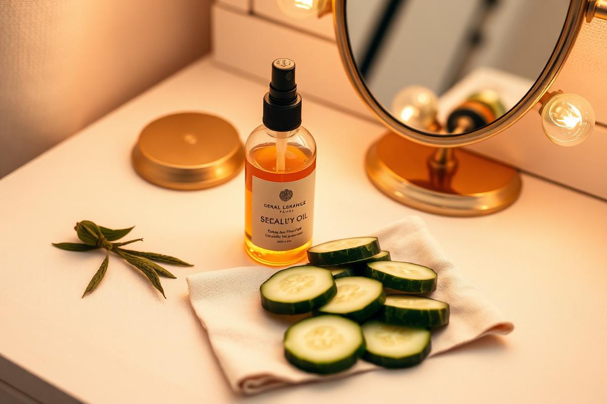 Backstage vanity with a facial oil bottle, rose water spray, fresh cucumber slices on linen and a vintage mirror under warm bulb lighting
