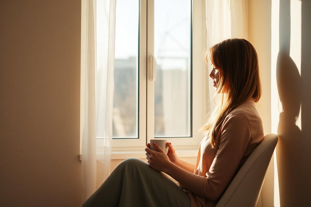 Woman sitting quietly by a sunlit window holding a cup of tea, soft morning light